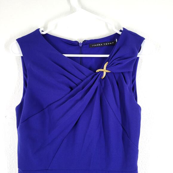 Ivanka Trump Dress Womens Sz 2 Blue with Gold Hardware Pleat Front Office Party - Picture 2 of 11